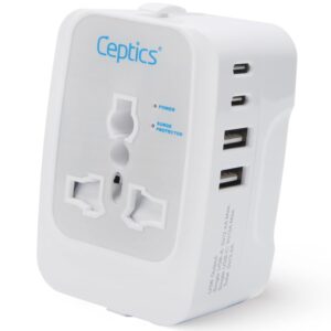 Universal Charger Adapter, 5 in 1 Universal Travel Adapter with Type C, 17W Universal Travel Adapter All in One, Universal Travel Essentials with 2 USB A, 2 USB-C 3.4A Universal Adaptor, White