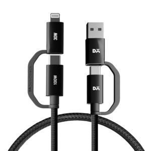 SURGE Kevlar Core 4-in-1 100W Charging Cable|USB-A,Type-C,Lightning|Fast Charging,480Mbps Data Transfer,Data Sync|Compatible with Android & iOS Smartphones,Tablet/Ipads & Macbook,Black