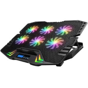 RGB Laptop Cooling Pad for Up to 15.6 Inch Laptops, 6 High-Speed Fans, 1900 RPM, Digital LED Display, 5-Level Height Adjustment, Dual USB, Iron Mesh, Ultra-Quiet