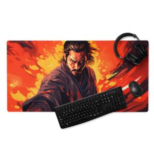 Extended Gaming Mouse Pad, Large Size, Anime Warrior Art Design, Orange and Black Theme XXL