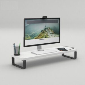 Wooden Monitor Stand Riser – MDF & Metal PC Stand for Desktop Table – Non-Slip Shelf (59.5 x 20 x 12 cm ) (White)